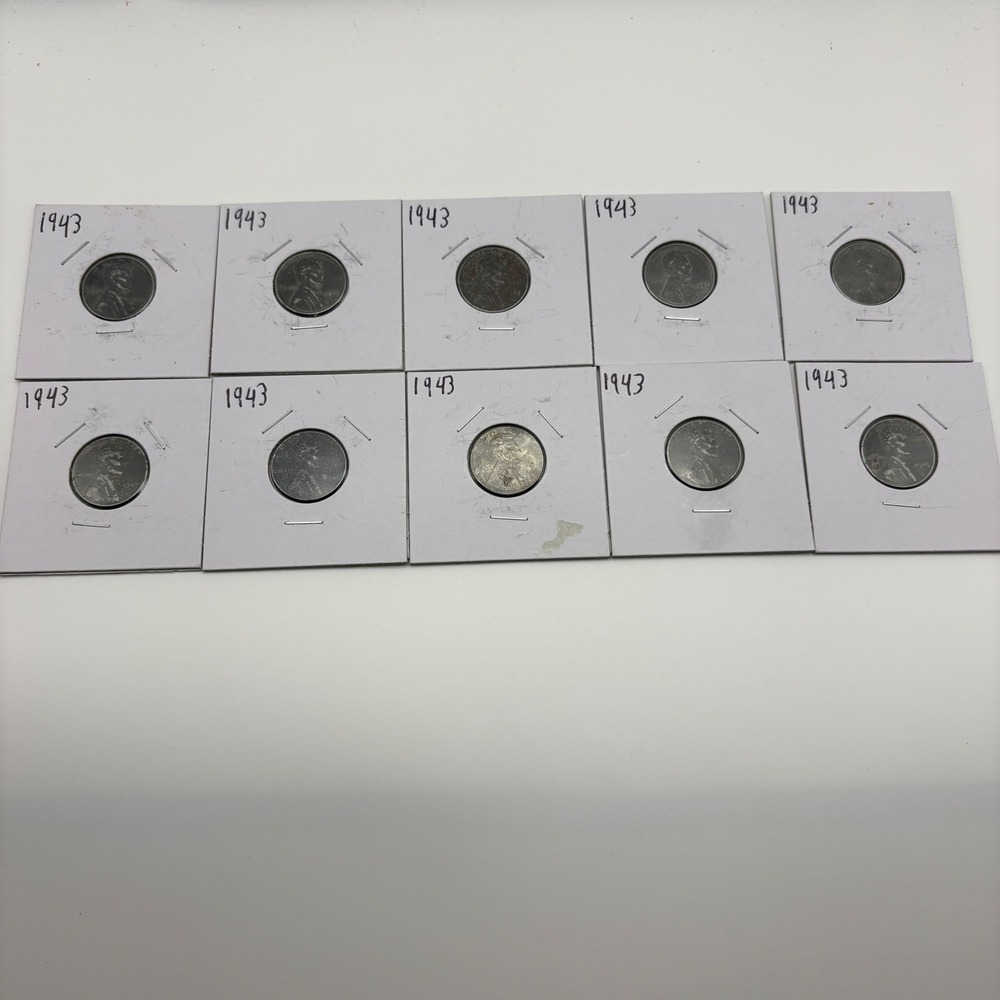 Lot of 10 1943 Steel Lincoln Wheat Cents WWII Era US Pennies in Flips